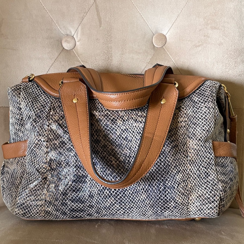 AIMEE KESTENBERG Brown Leather Handbag with Snake Skin Detail and Gold Hardware